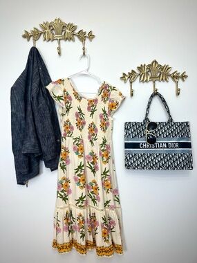 Patrons of Peace Floral Dress Pink & Yellow Flowers ptp 17” plus stretch L 41”